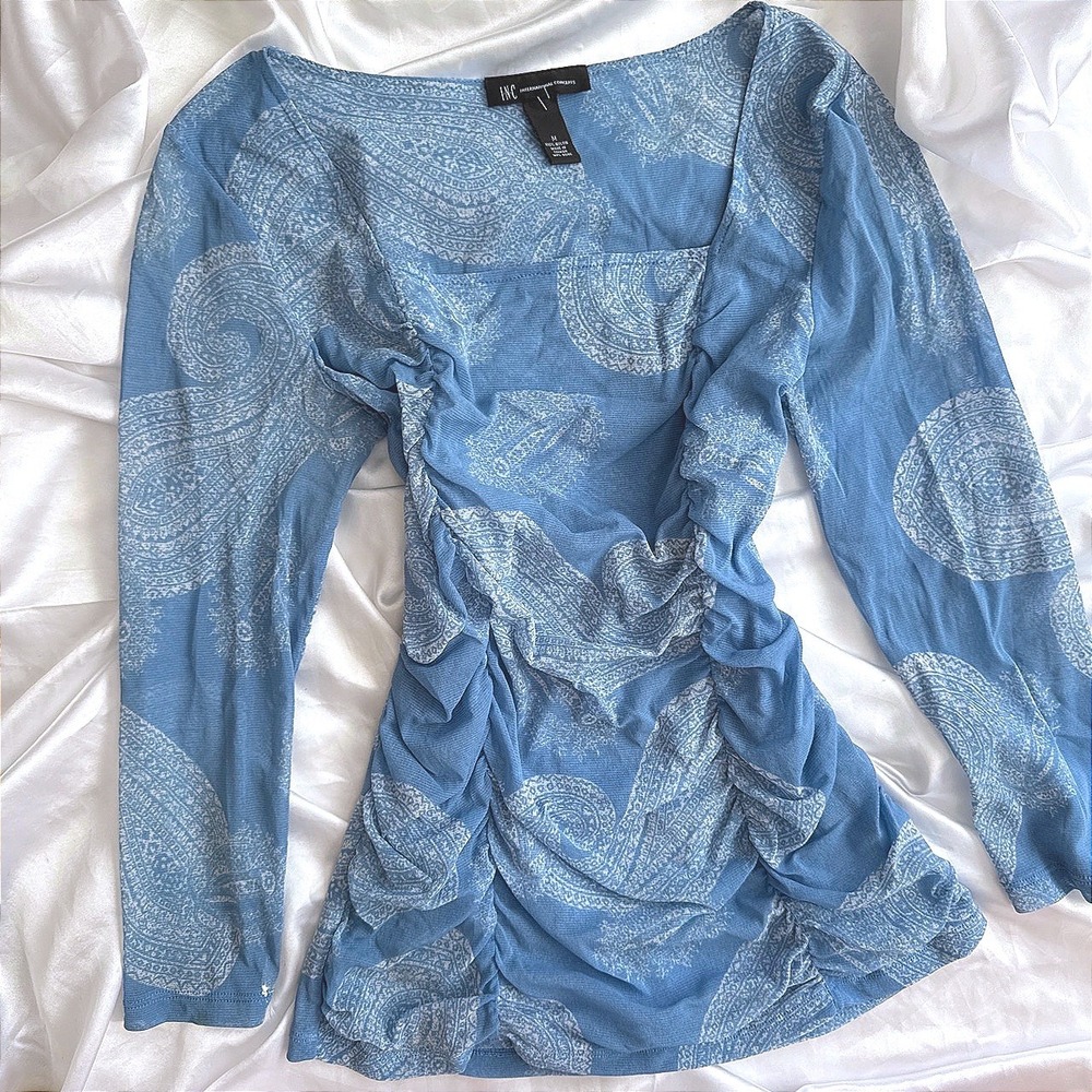 INC International Concepts Blue Paisley Ruched Square Neck Mesh Top Medium